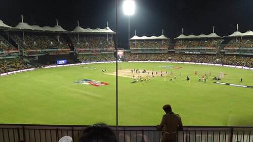 Full view of a cricket stadium during a match